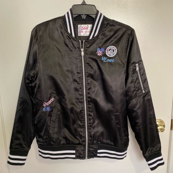 NEW Girls Justice Peace and Love Black Bomber Jacket Size XL 16/18 - Picture 4 of 11